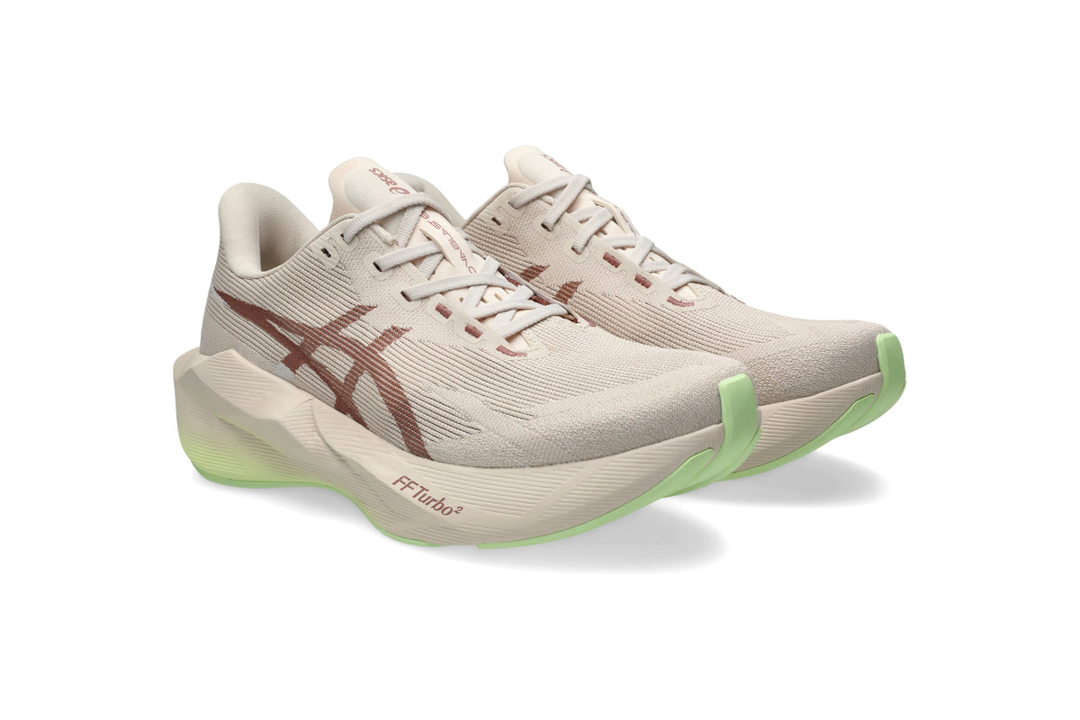 LANÇAMENTO - Tênis de Corrida Asics Novablast 6 - Bege / Marrom / Verde - Feminino