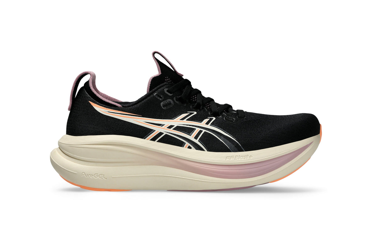 LANÇAMENTO - Tênis de Corrida Asics Gel Nimbus 28 - Preto / Bege / Laranja - Feminino