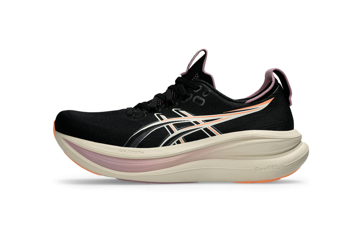 LANÇAMENTO - Tênis de Corrida Asics Gel Nimbus 28 - Preto / Bege / Laranja - Feminino