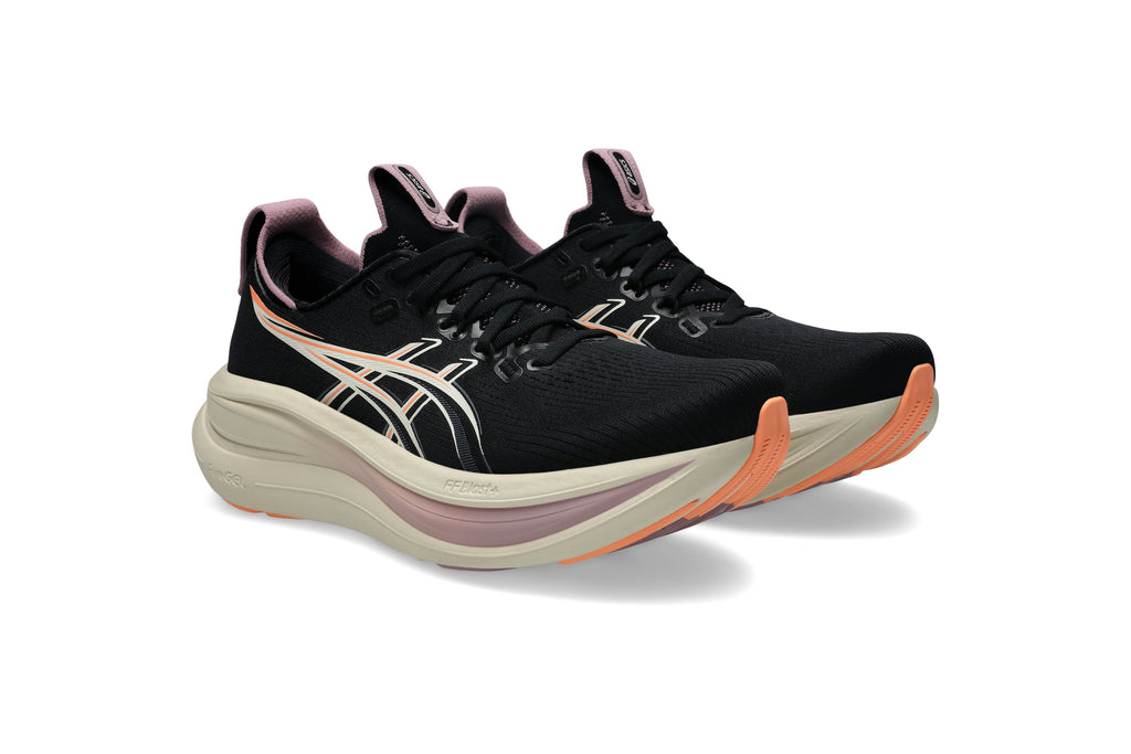 LANÇAMENTO - Tênis de Corrida Asics Gel Nimbus 28 - Preto / Bege / Laranja - Feminino