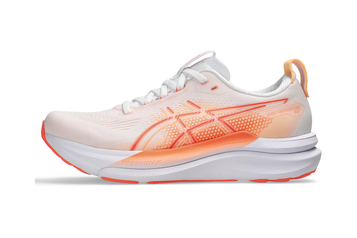 LANÇAMENTO - Tênis de Corrida Asics Gel-Kayano 33 - Bege / Laranja / Branco - Feminino