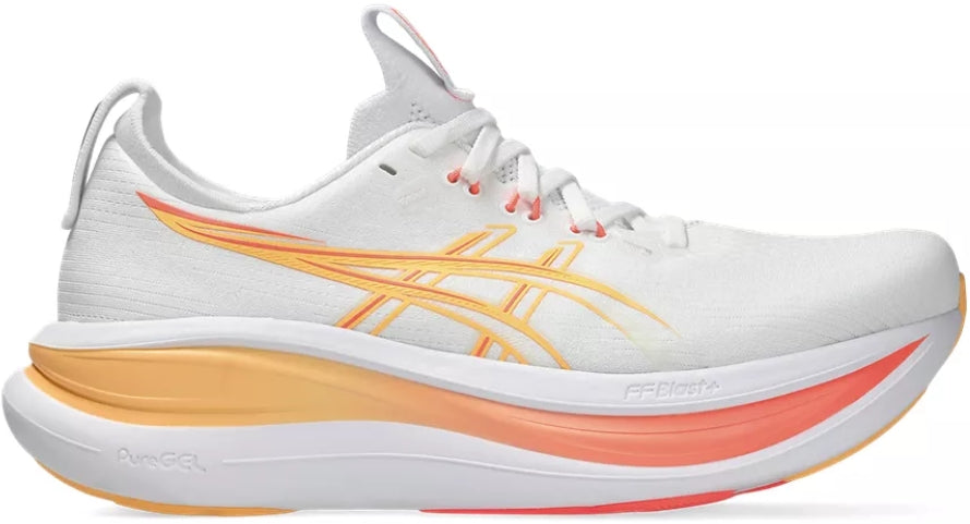 LANÇAMENTO - Tênis de Corrida Asics Gel Nimbus 28 - Branco / Laranja - Feminino